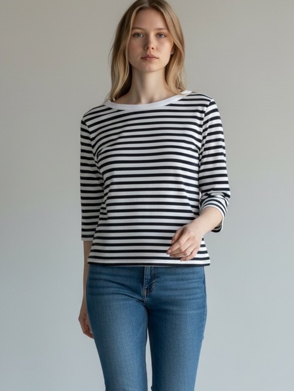 TALBOTS Women’s Navy & White Striped Boatneck 3/4 Sleeve Tee Size Small Crewneck